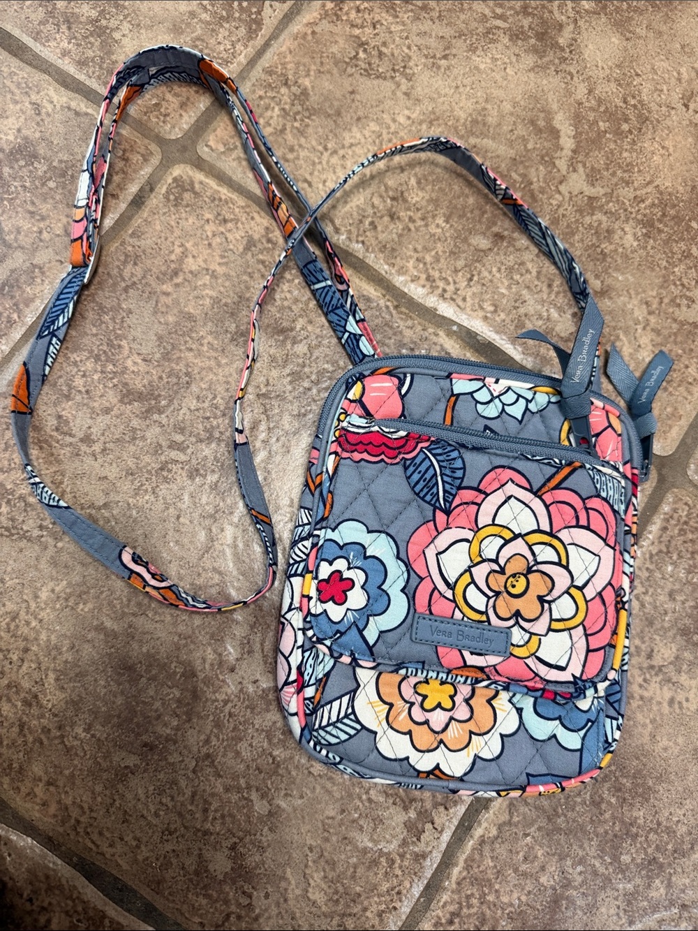 Vera Bradley Gray Floral Quilted Crossbody with Pink & Yellow Flowers
